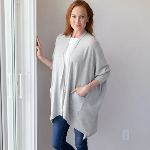 picture showing a woman wearing soft organic cotton cocoon cardigan 