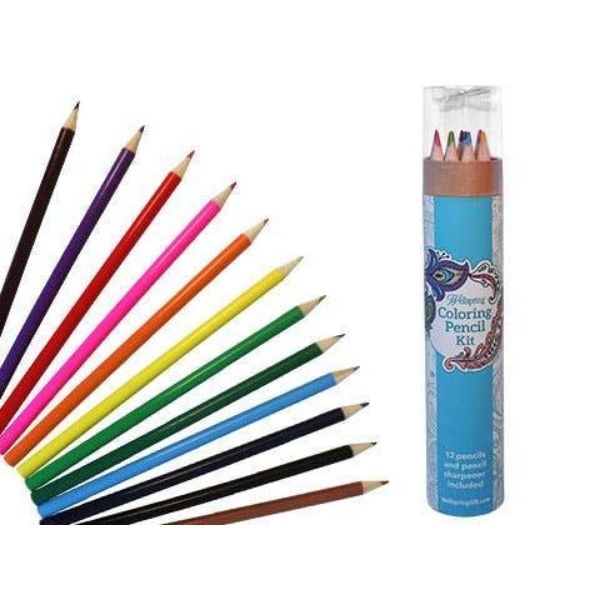 Colored pencils are displayed in a fan shop next to a case of the same colored pencils with a label reading "Coloring Pencil Kit". 
