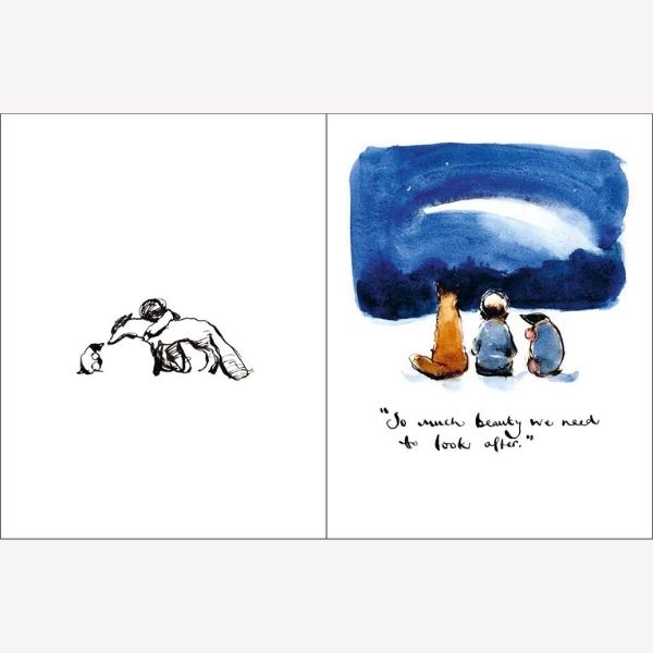 An interior photo of The Boy, the Mole, the Fox, and the Horse.  Features the characters looking a dark blue sky in a water painting illustration. 