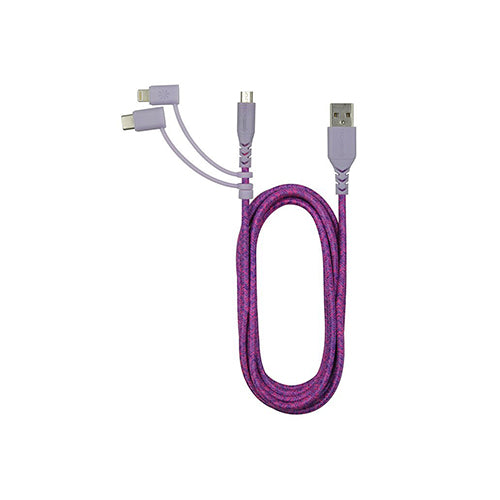 Purple charging cord with connections for Apple, Android, or E-Reader devices, perfect for care package