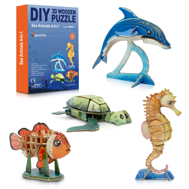 4 in 1 Sea Animals 3D Wooden Puzzle