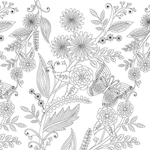 A page from the Mindfulness coloring book.  The black and white illustration depicts flowers and leaves alongside a butterfly. 