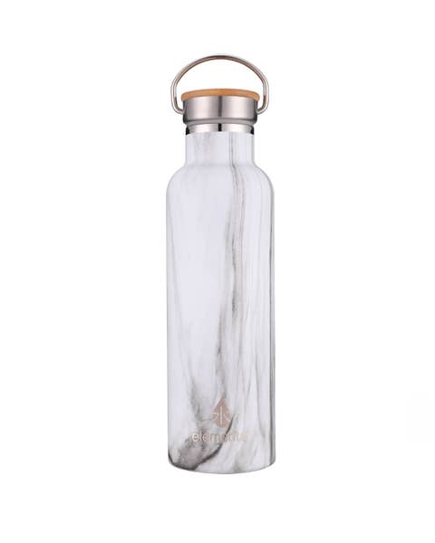 A metal water bottle with a white and grey marble pattern. 