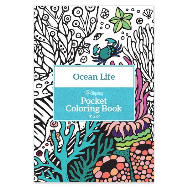 The cover of the Ocean Life Pocket Coloring Book depicting undersea color and ocean life. 
