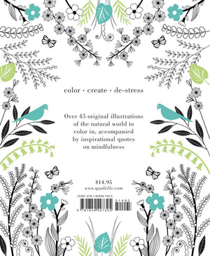 Back cover of the MIndfullness Coloring Book featuring illustrations of flowers, birds, and vines.  