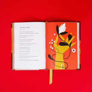 An interior photo of the book "There are Girls like Lions".  The left page is white and has illegible type with a title reading "Demeter's Cuttings".  The right page has a red background with the abstract of a hand holding a white flowers with black leaves and stem which wraps around the hand. 