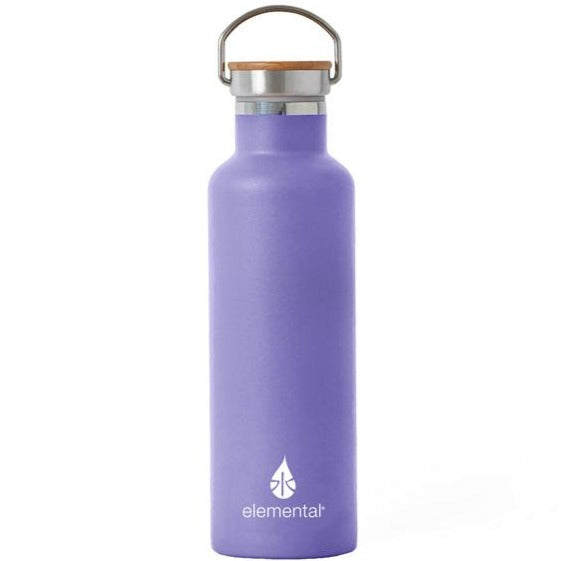 A metal water bottle in a bright purple color. 