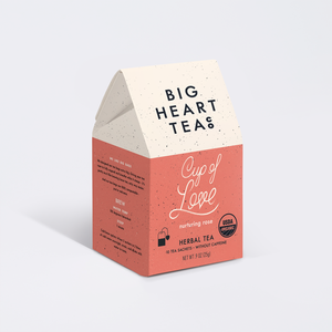 A display photo of a box of Big Heart Tea.  The box reads Cup of Love. 