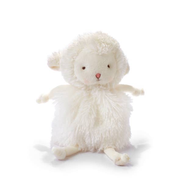 A cuddly white small stuffed lamb. 