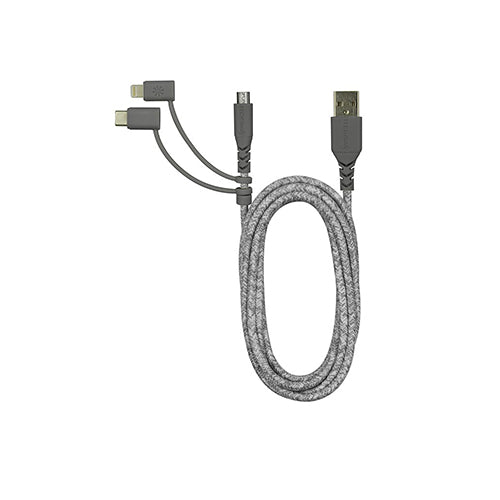 Grey charging cord with connections for Apple, Android, or E-Reader devices, ideal gift for hospital stay